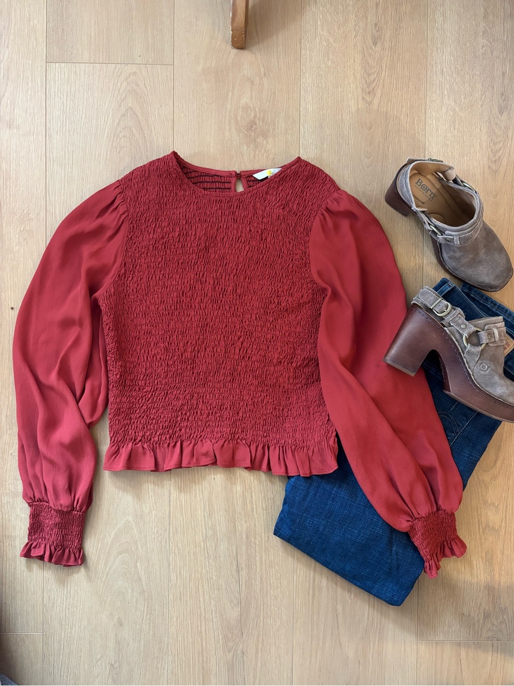 Boden Red Smocked Long-Sleeve Blouse